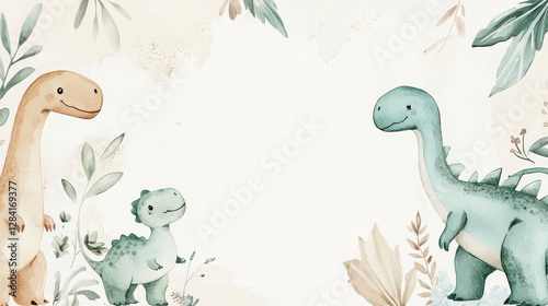 Fototapeta Naklejka Na Ścianę i Meble -  Artistic watercolor illustration of cute dinosaurs encircling the frame, featuring a friendly diplodocus, a tiny curious compsognathus