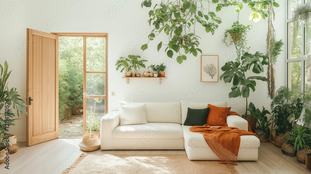 Fototapeta premium Serene Living Room: A bright and airy living room embraces nature with a cozy sofa, wooden doors, and an abundance of potted plants creating a calming and inviting space.