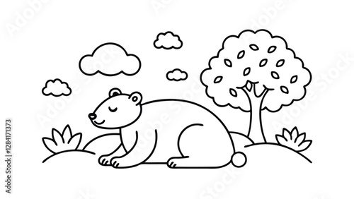 Cute black and white bear resting in a peaceful forest scene.