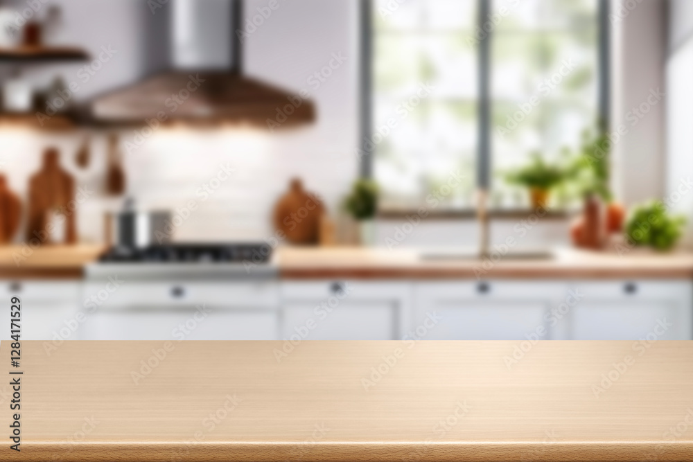 Kitchen wood table top for product display with blurred modern interior. Wooden tabletop over defocused kitchen background. kitchen furniture and desk space. product promotion in the kitchen
