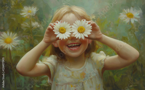 Joyful child with a bright smile using daisies as eyeglasses in a lush green meadow during summer