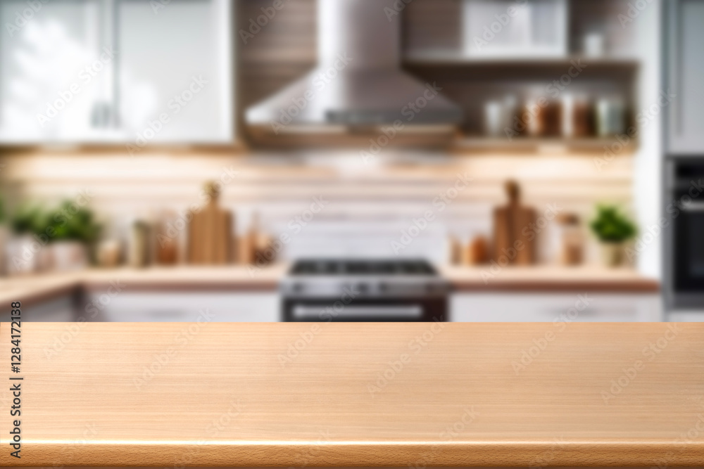Kitchen wood table top for product display with blurred modern interior. Wooden tabletop over defocused kitchen background. kitchen furniture and desk space. product promotion in the kitchen Kitchen wood table top for product display with blurred modern interior. Wooden tabletop over defocused kitchen background. kitchen furniture and desk space. product promotion in the kitchen