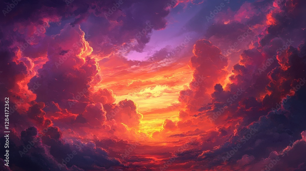 Fototapeta premium Majestic Sunset Over Fiery Clouds in Vibrant Color Palette