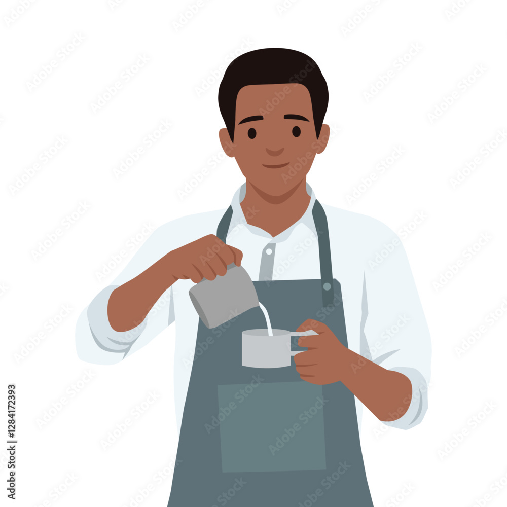 Barista pouring milk into a cup, skillfully preparing a coffee beverage while wearing an apron. Flat vector illustration isolated on white background Barista pouring milk into a cup, skillfully preparing a coffee beverage while wearing an apron. Flat vector illustration isolated on white background