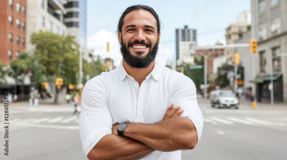 Fototapeta premium smiling man with beard stands confidently in urban setting, arms crossed, showcasing friendly demeanor. cityscape features buildings and traffic