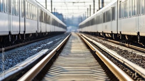 Perspectives of Rail Tracks Surrounded by Modern Trains Creating a Dynamic Commuting Scene : Generative AI photo