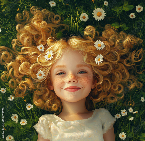 Cheerful young girl with curly golden hair lying on a grass field scattered with daisies on a sunny day
