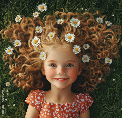 Portrait of a young girl with bright blue eyes and curly hair adorned with daisies lying on grass