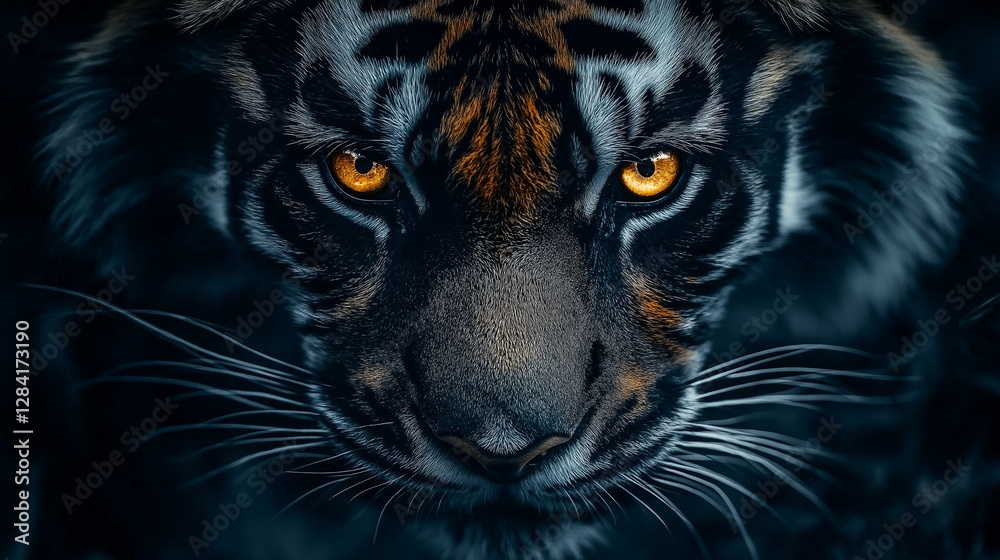 Fototapeta premium Tiger's Gaze: An intense close-up captures the mesmerizing eyes of a tiger, drawing viewers into the depths of its untamed spirit, with detailed fur textures and a dramatic lighting.