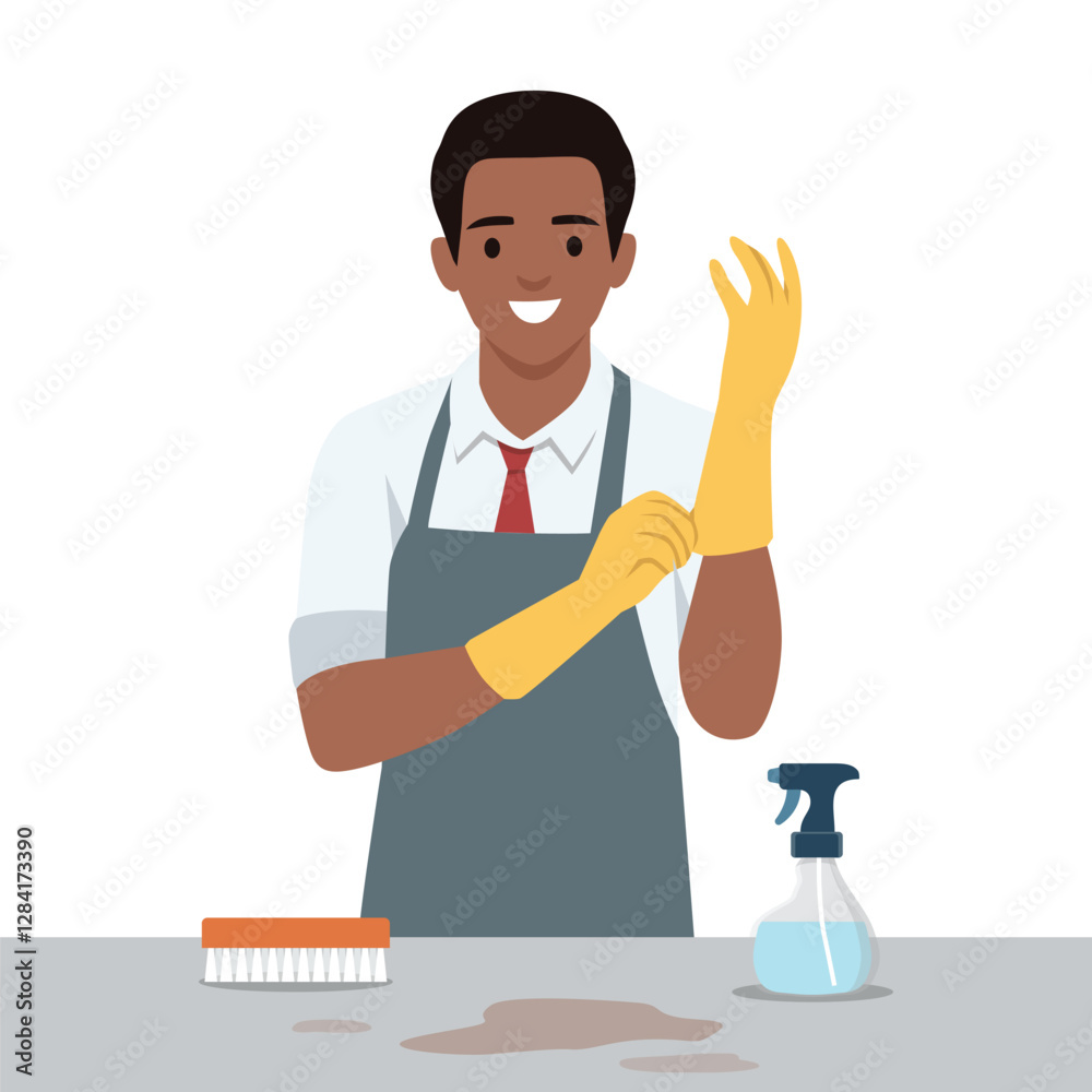 Man wearing an apron and yellow gloves, preparing to clean with a spray bottle and brush on a table. Flat vector illustration isolated on white background Man wearing an apron and yellow gloves, preparing to clean with a spray bottle and brush on a table. Flat vector illustration isolated on white background