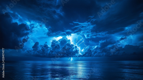A dramatic night sky over the ocean, dark blue clouds rolling in. Thunder rumbles as streaks of lightning dance across the sky, reflecting on the water below. A sense of intensity and power (1)