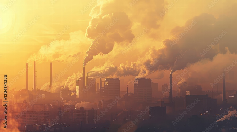 Fototapeta premium Air pollution caused by industrial activities, with smoke and environmental impact.