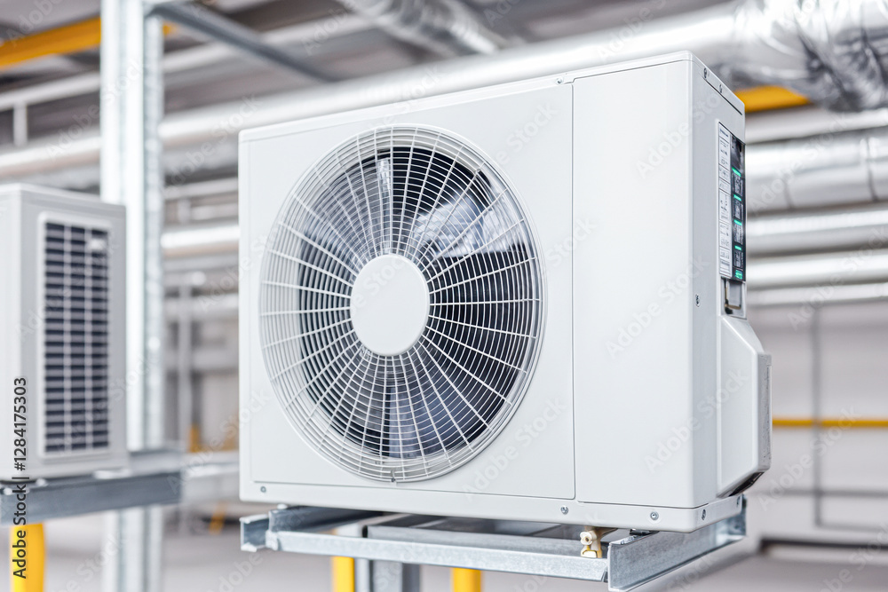 A modern air conditioning unit installed indoors, featuring a large fan and sleek design, part of a climate control system in a spacious environment. A modern air conditioning unit installed indoors, featuring a large fan and sleek design, part of a climate control system in a spacious environment.