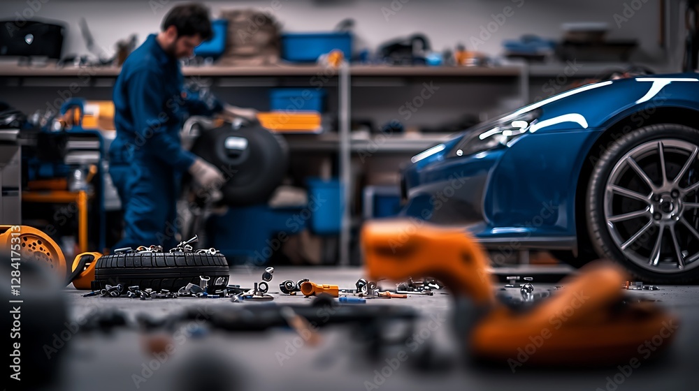 Obraz premium Mechanic working on a car in a cluttered workshop filled with tools and parts