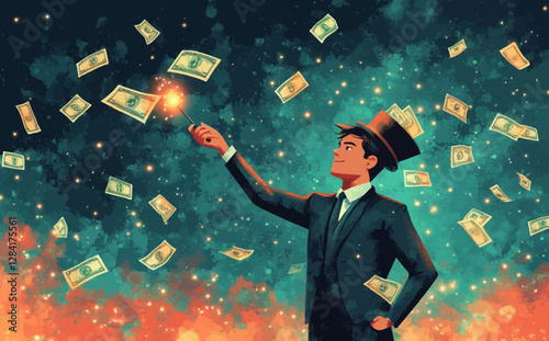 Get Rich Fast Concept: Profitable Investments, FED Stimulus Money, and Wealth Advisor Strategies, Businessman Magician Creating Money with Magic Wand from a Magical Hat