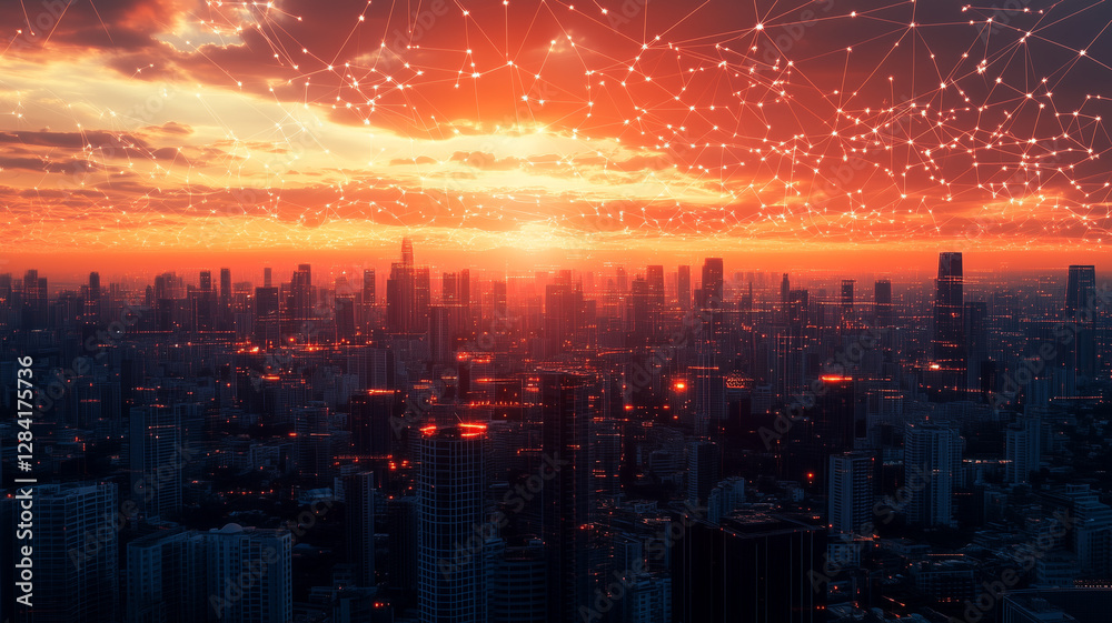 Fototapeta premium A futuristic city skyline at sunset with a fiery orange glow, where large digital constellations are projected into the sky, hinting at advanced science and magical tech (4)