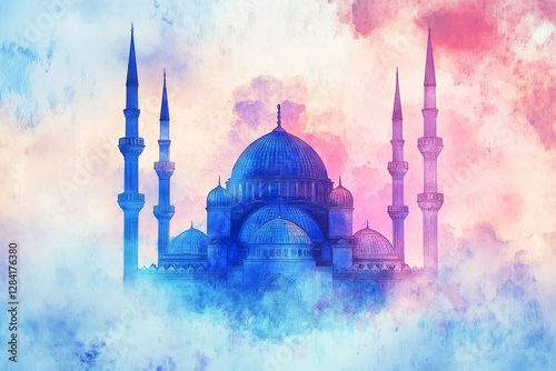 Majestic Mosque in Watercolor Style: A Serene Islamic Architectural Masterpiece