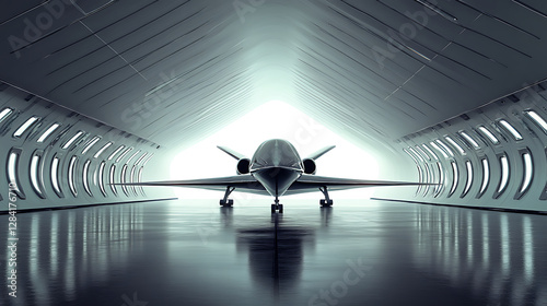 A sleek aircraft positioned in a modern, illuminated hangar.