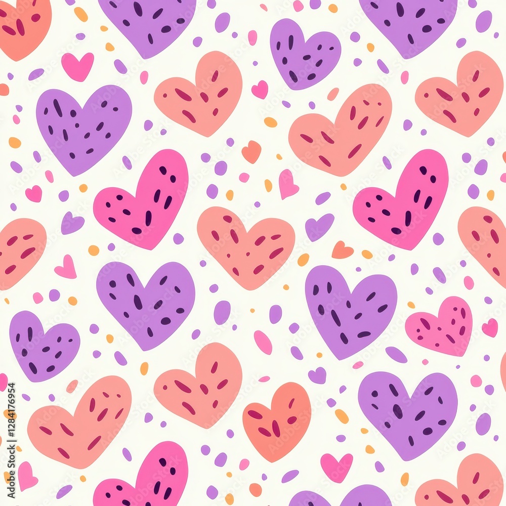 Fototapeta premium A playful pattern featuring colorful hearts in various shades, surrounded by whimsical dots, perfect for romantic or cheerful designs.