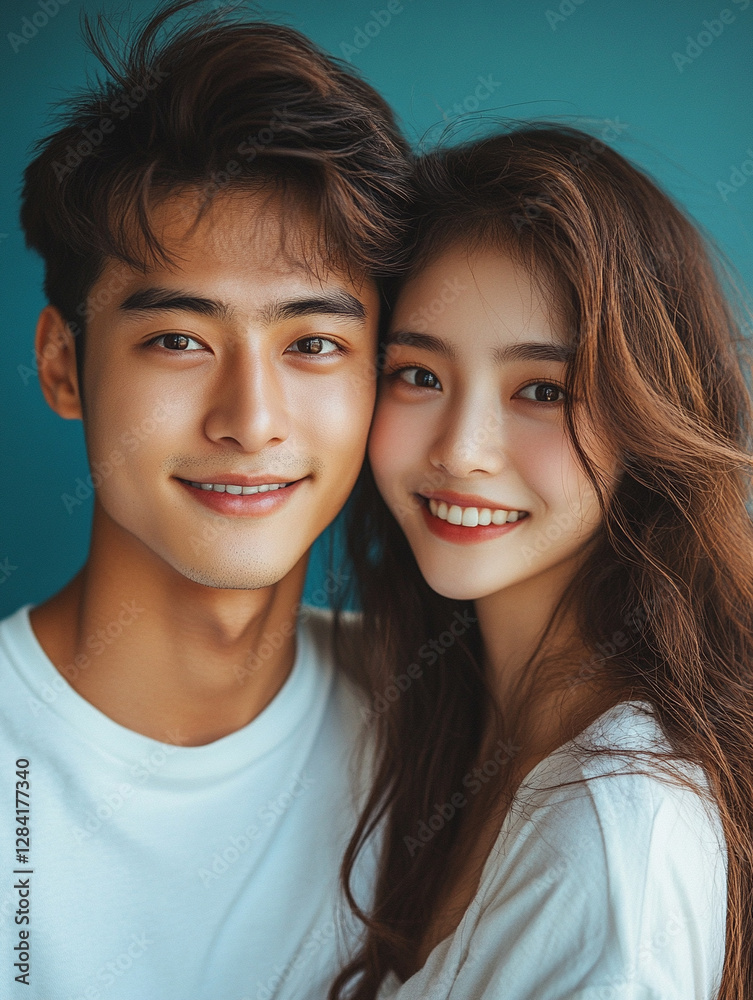 Couple smiling together in a casual indoor setting Couple smiling together in a casual indoor setting