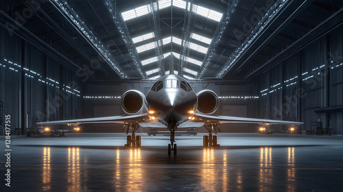 A sleek aircraft positioned in a spacious hangar, illuminated by natural light.