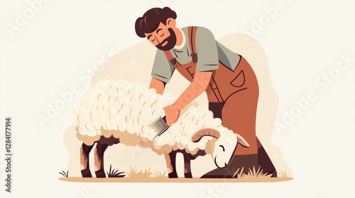 Man in Overalls Shearing a Sheep with Thick Fleece in a Pastoral Setting