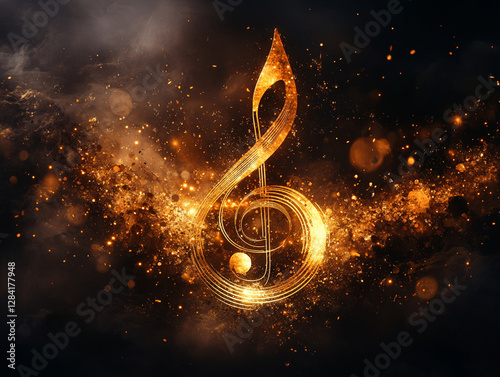 A musical note made of thin gold wire on a dark background, play of light, elegant minimalism, harmony.