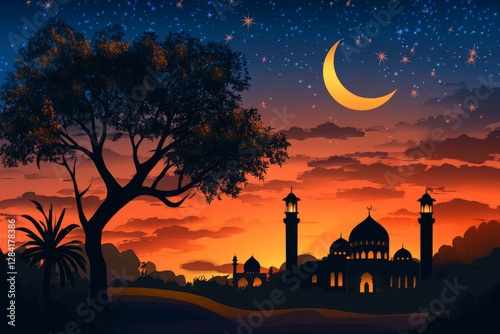 Night Landscape with Mosque Silhouette under Crescent Moon and Starry Sky