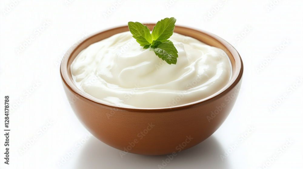 yogurt in bowl with mint leaf on white background yogurt in bowl with mint leaf on white background