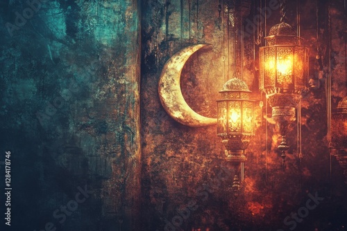 Mystical Ramadan: Illuminated Lanterns and Crescent Moon