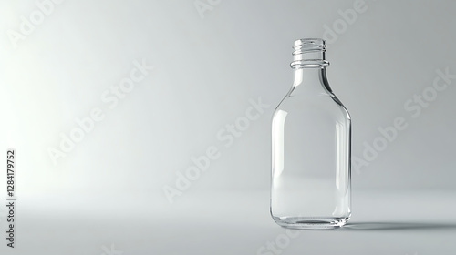 A transparent glass bottle stands on a light surface, emphasizing simplicity and clarity.