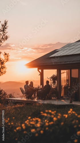 Sunset Dinner at a Modern Eco-Friendly House with Solar Panels