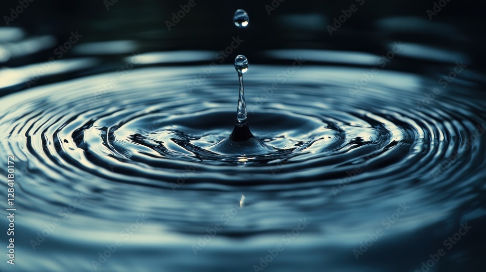 Water drop impact creating ripples on dark surface Water drop impact creating ripples on dark surface