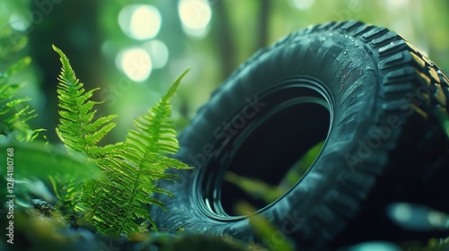 A close-up of a discarded tire nestled among lush green ferns, showcasing nature reclaiming human waste in a tranquil forest setting. photo