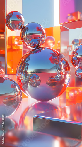 A vibrant arrangement of reflective spheres and geometric shapes in a colorful setting.