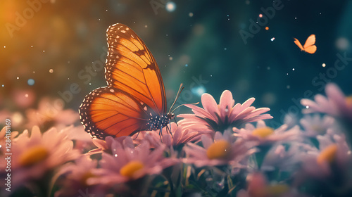 A vibrant butterfly resting on pink flowers in a dreamy, magical garden setting.