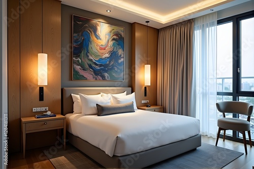 Serene Bedroom Interior with Neutral Tones White Bedding and Abstract Art in Modern Luxury Style
