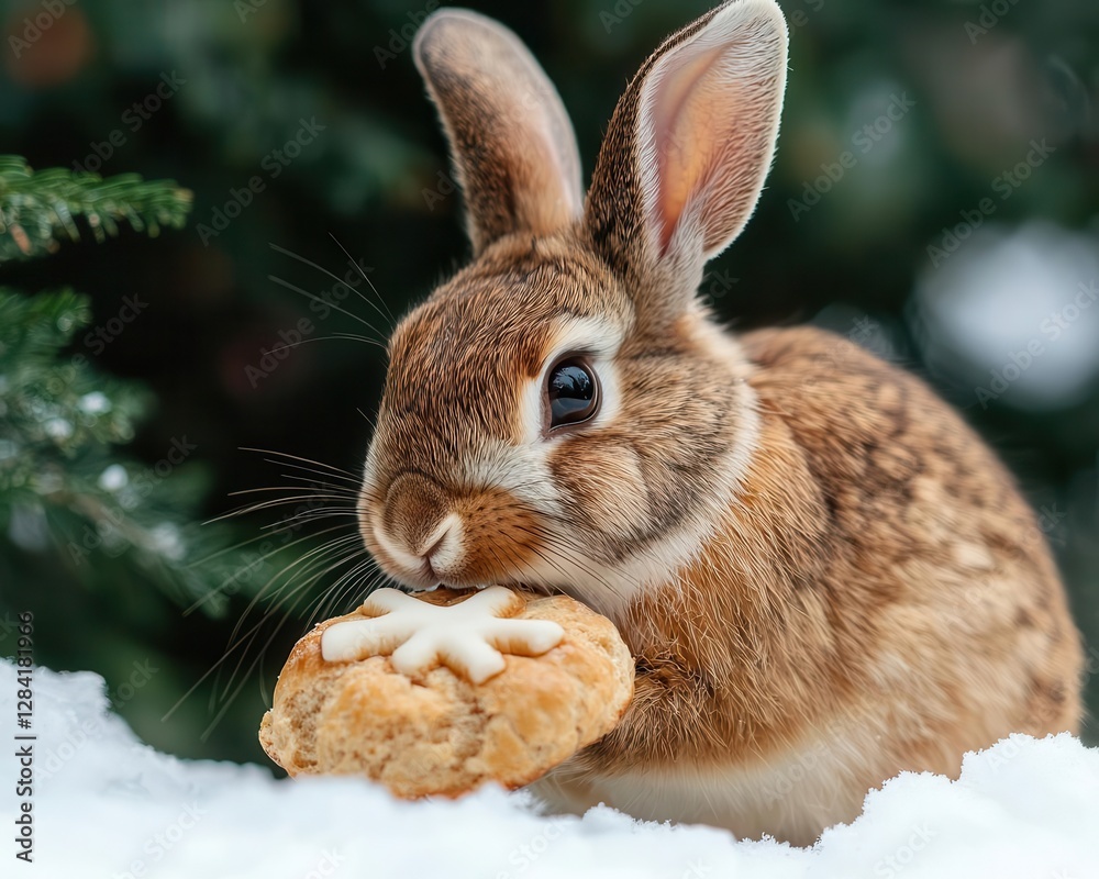 Fototapeta premium A rabbit nibbling on a warm hot cross bun near a snowcovered tree in a winter forest