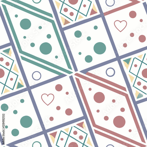 Seamless Geometric Pattern: A visually engaging seamless pattern featuring a complex geometric design. The pattern, which includes vibrant colors and intricate shapes.
