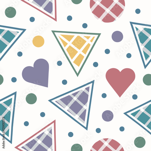 Geometric Pattern Delight: An eye-catching and playful geometric pattern composed of triangles, circles, and hearts, creating a visually stimulating and vibrant design.