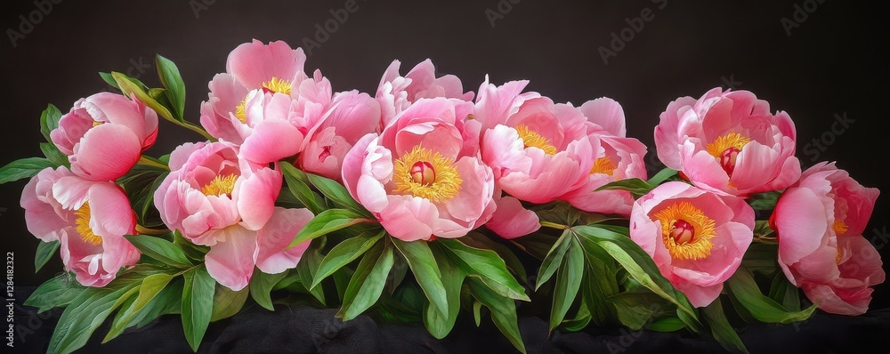 Fototapeta premium Vibrant pink peonies display with lush green foliage against dark background