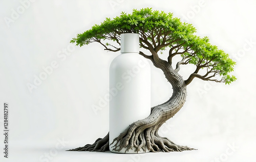 A minimalist, modern shampoo, liquid or hand design featuring a sleek white with no text, logos, or tags. lush tree branches, evoking a sense of timeless beauty and connection to nature.