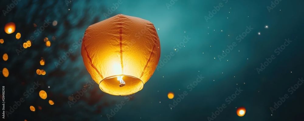 Fototapeta premium Glowing orange lanterns floating in night sky with stars