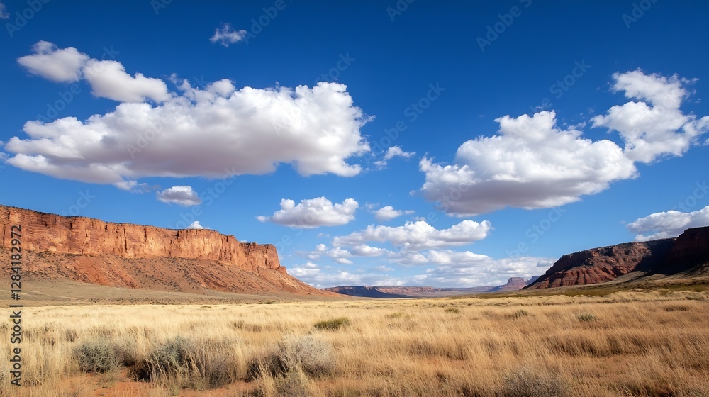 Expansive desert landscape with golden grass rugged cliffs and a bright blue sky dotted with clouds : Generative AI Expansive desert landscape with golden grass rugged cliffs and a bright blue sky dotted with clouds : Generative AI