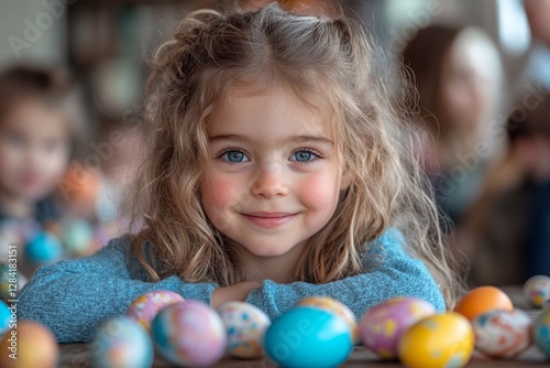 
Family and friends celebrating Easter at a party, children playing with eggs and toys.

