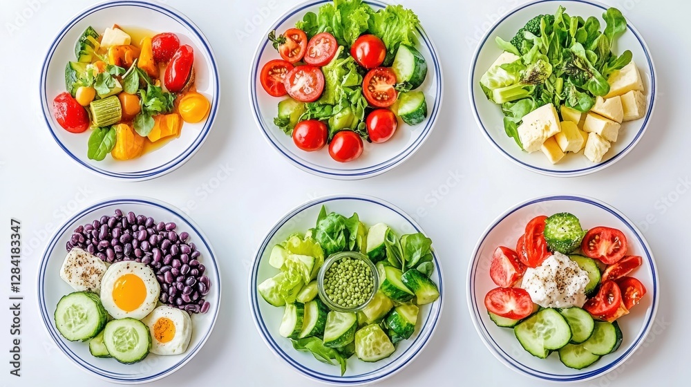 Overhead View of Six Plates of Colorful Salads on White Background Healthy Eating Overhead View of Six Plates of Colorful Salads on White Background Healthy Eating