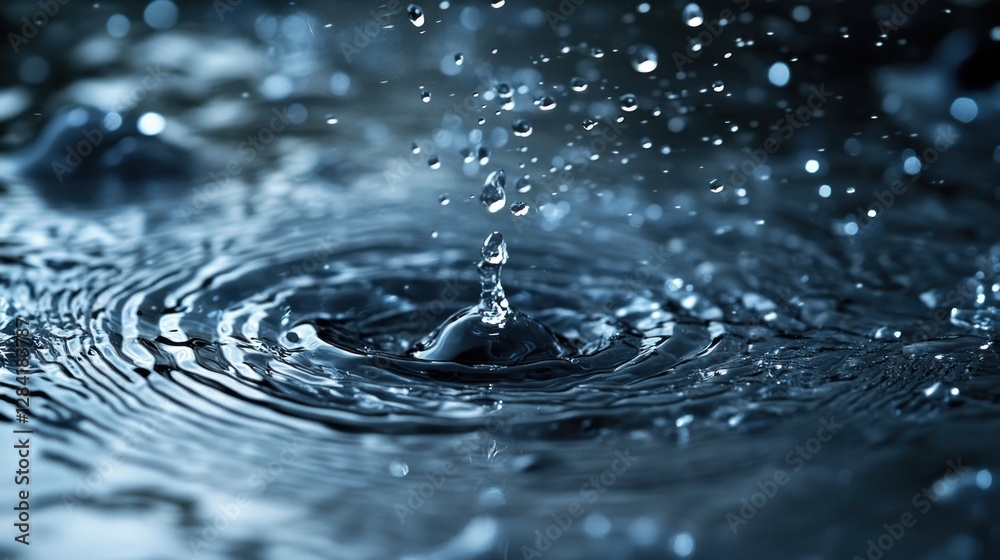 Water droplet impact, ripples on dark surface, splashing water. Possible use scientific, educational, or aesthetic purposes Water droplet impact, ripples on dark surface, splashing water. Possible use scientific, educational, or aesthetic purposes