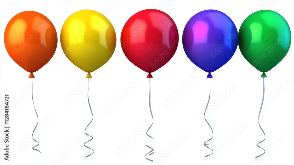 Vibrant Row of Balloons in Rainbow Colors on White Background Rendering Vibrant Row of Balloons in Rainbow Colors on White Background Rendering
