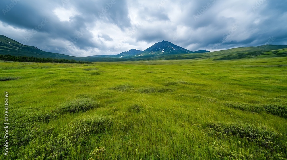 Vast Green Meadow Under Dramatic Cloudy Sky with Majestic Mountain Range in Distance : Generative AI Vast Green Meadow Under Dramatic Cloudy Sky with Majestic Mountain Range in Distance : Generative AI