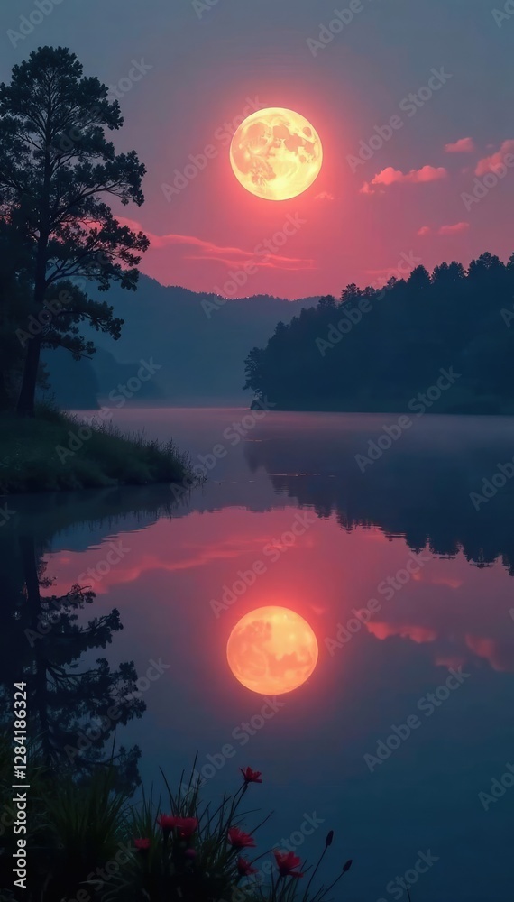 Fototapeta premium Reflection of half Moon in a quiet pond at dawn, sunrise, lake, landscape